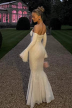 Strapless Lace Sweetheart Bell Sleeve Mermaid Maxi Gown
