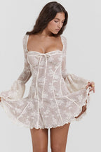 Lace Floral Square Neck Corset Bell Sleeve Ruffle Mini Dress