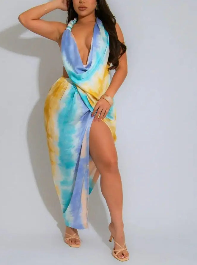 Tie Dye Halter Neck Cowl Drape High Split Asymmetric Hem Satin Midi Dress