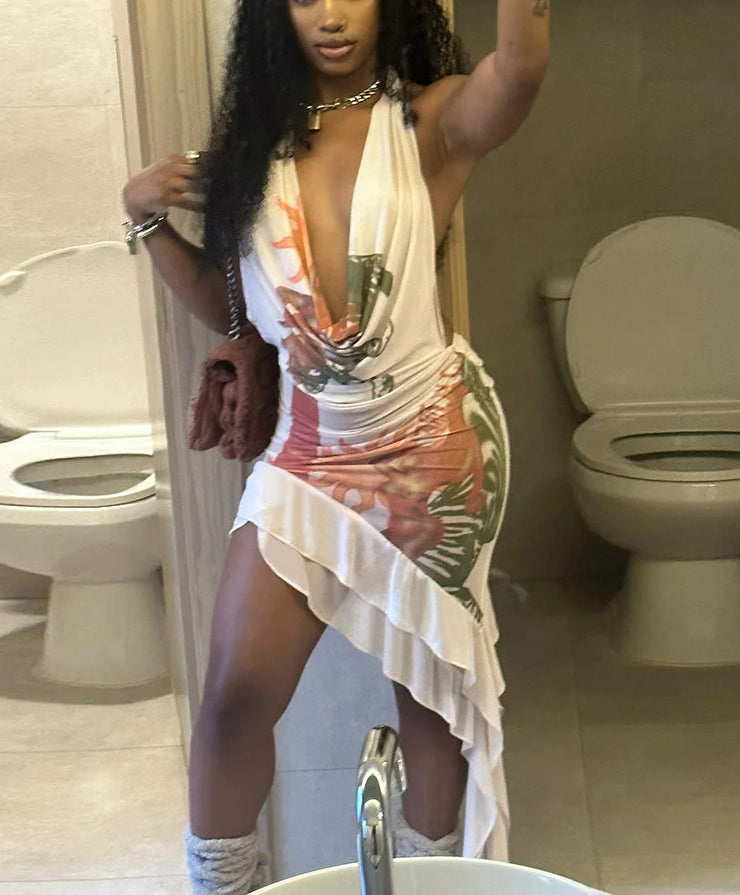 Tropical Floral Print Halter Cowl Neck Tiered Ruffle Asymmetrical Hem Mini Dress