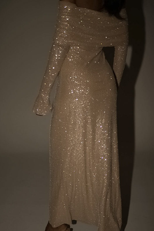 Rhinestone Off Shoulder Long Sleeve Bodycon Midi Dress