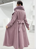Full Length Flared Woolen Coat White Faux Fur Collar Classic Lapel Belted Slim A-line Winter Maxi Coat 2026