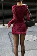 Red Mesh Floral Long Sleeve Bodycon Dress