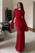 Pointelle Knit Long Sleeve Bell Cuff Mermaid Flounce Hem Maxi Sweater Dress