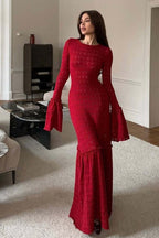Pointelle Knit Long Sleeve Bell Cuff Mermaid Flounce Hem Maxi Sweater Dress