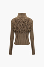Solid Sweater Fringe Zipper Long-Sleeve Top