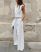 Stripe Print Loose Wide Trousers Office Two Piece Set