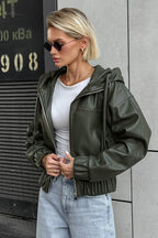 Black Faux Leather Hooded Loose Streetwear Jacket