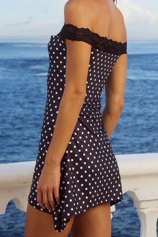 Polka Dot Off Shoulder Lace Band Cut Out Bodycon Mini Dress