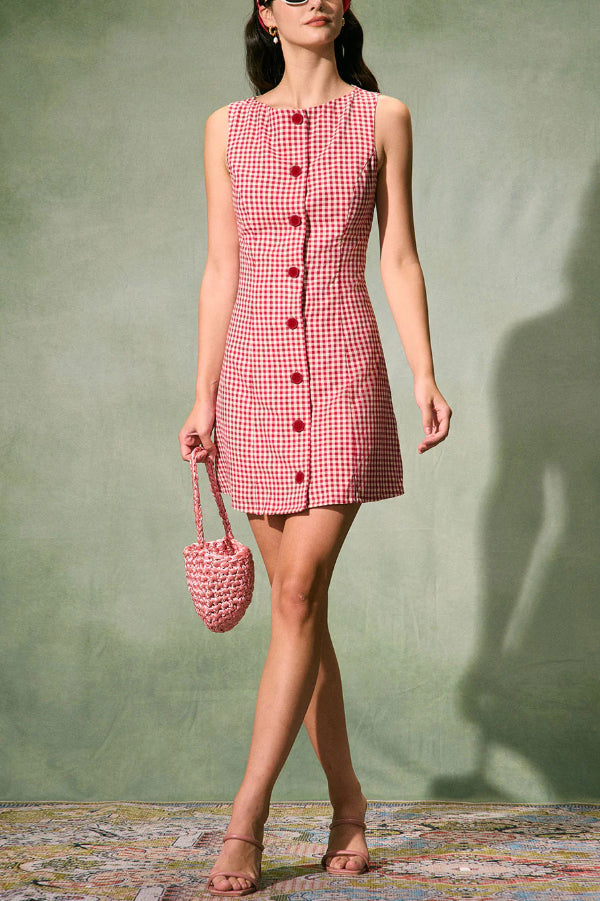 Retro Plaid Print Sleeveless Round Neck Button Casual Mini Dress
