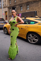 Green Polka Dot Knit Fringe Hem Maxi Dress