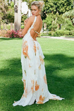 Orange Floral Backless Halter Maxi Dress