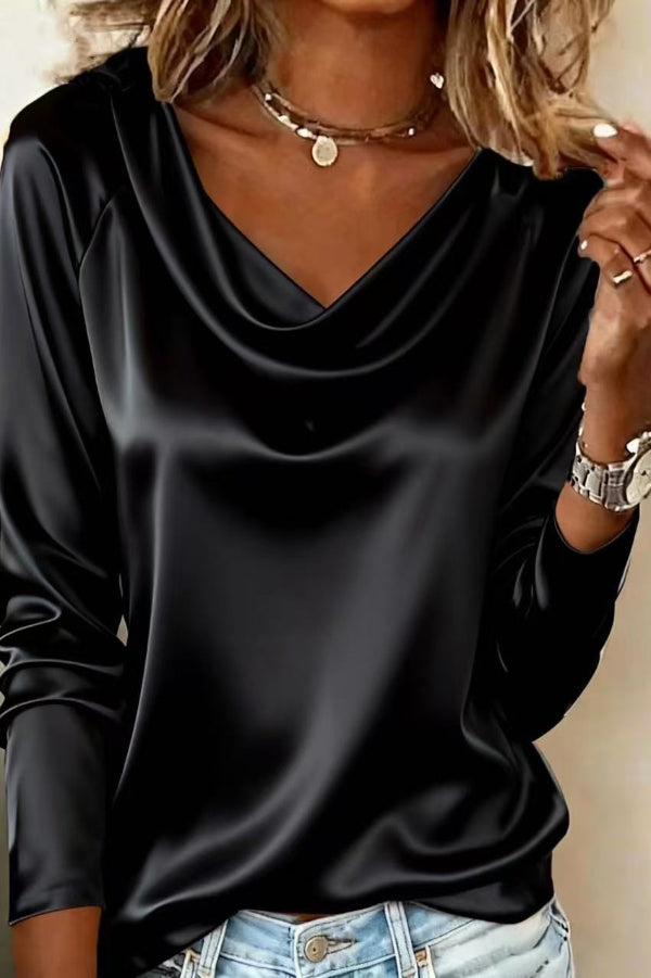Solid Color Satin Casual Long-sleeved Draped Shirt