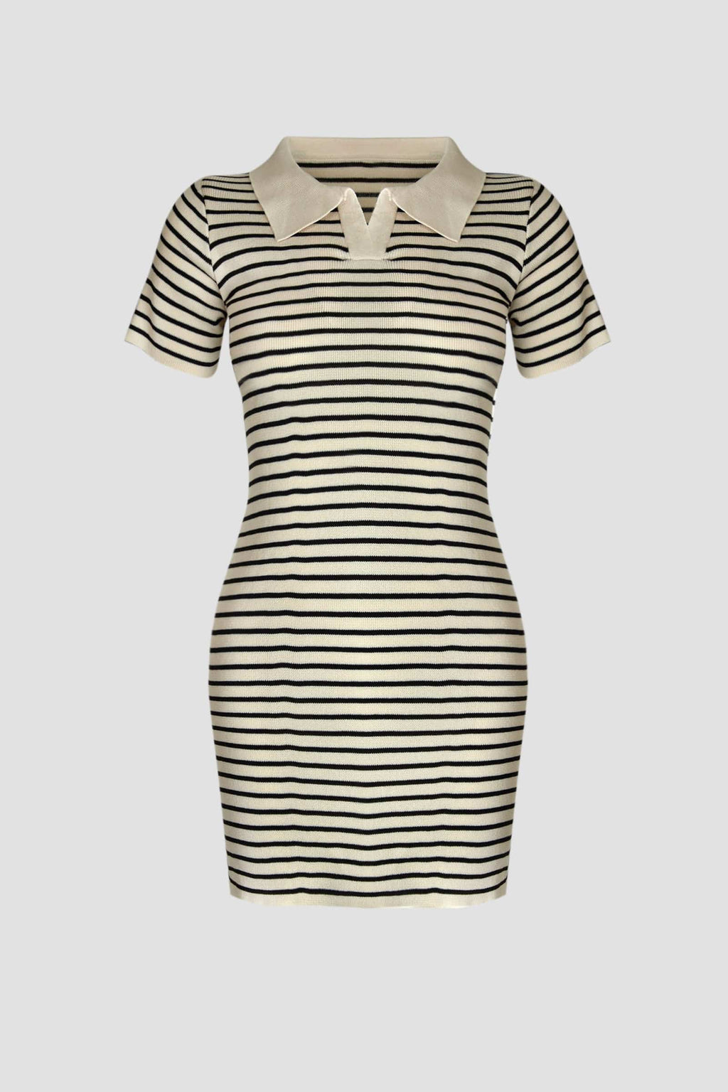 Striped Rib Knit Polo Collar Bodycon Mini Dress