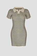 Striped Rib Knit Polo Collar Bodycon Mini Dress