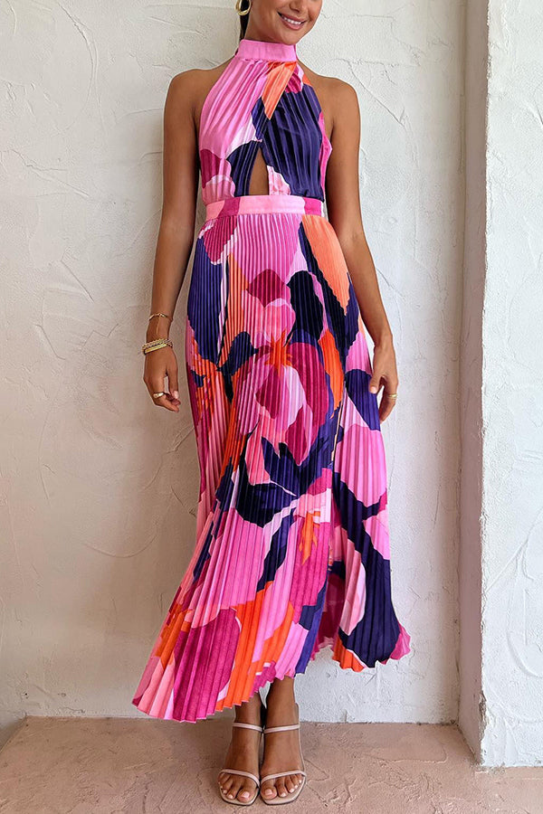 Pleated Halter Neck Cut Out Crisscross Bodice Abstract Floral Print Maxi Dress
