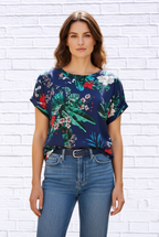 Navy Tropical Floral Viscose Blouse _ Short Sleeve Round Neck Lightweight Top