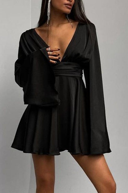 Satin Deep V-Neck Ruched Waist Flare Sleeve Mini Dress