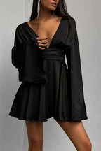 Satin Deep V-Neck Ruched Waist Flare Sleeve Mini Dress