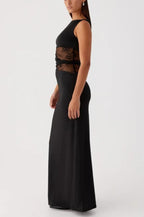 Boat Neck Sleeveless Lace Panel Waist Cut Out Twist Detail Maxi Dress