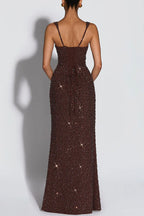 Calanthe Sequin Embellished Chiffon Ruched Square Neck Back Lace-up Maxi Dress