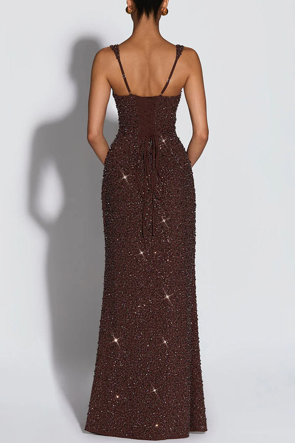 Calanthe Sequin Embellished Chiffon Ruched Square Neck Back Lace-up Maxi Dress