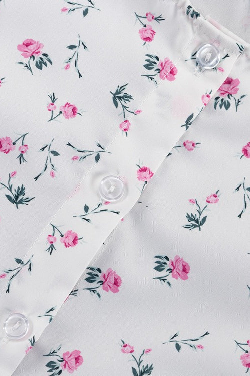 White Long Sleeve Ruffle Trim Detachable Belt Mini Floral Print Dress