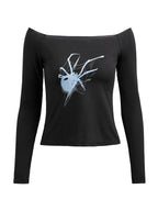 Spider Print Off Shoulder Slim Long Sleeve Tee