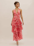 Floral Printed Layered Ruffle Long Dress With Deep V-Neck And Open Back 2026