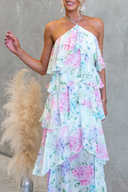 Poetic Eden Chiffon Floral Print Tiered Ruffles Halter A-line Maxi Dress