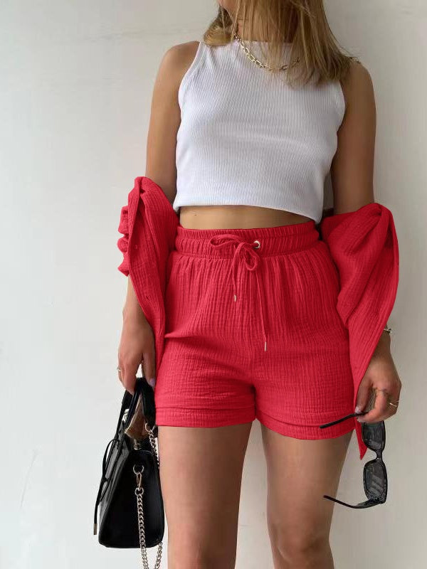 Long-sleeved Shirt And High-waisted Drawstring Shorts Casual Two-piece Set