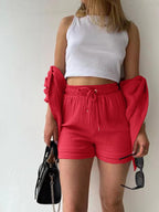 Long-sleeved Shirt And High-waisted Drawstring Shorts Casual Two-piece Set