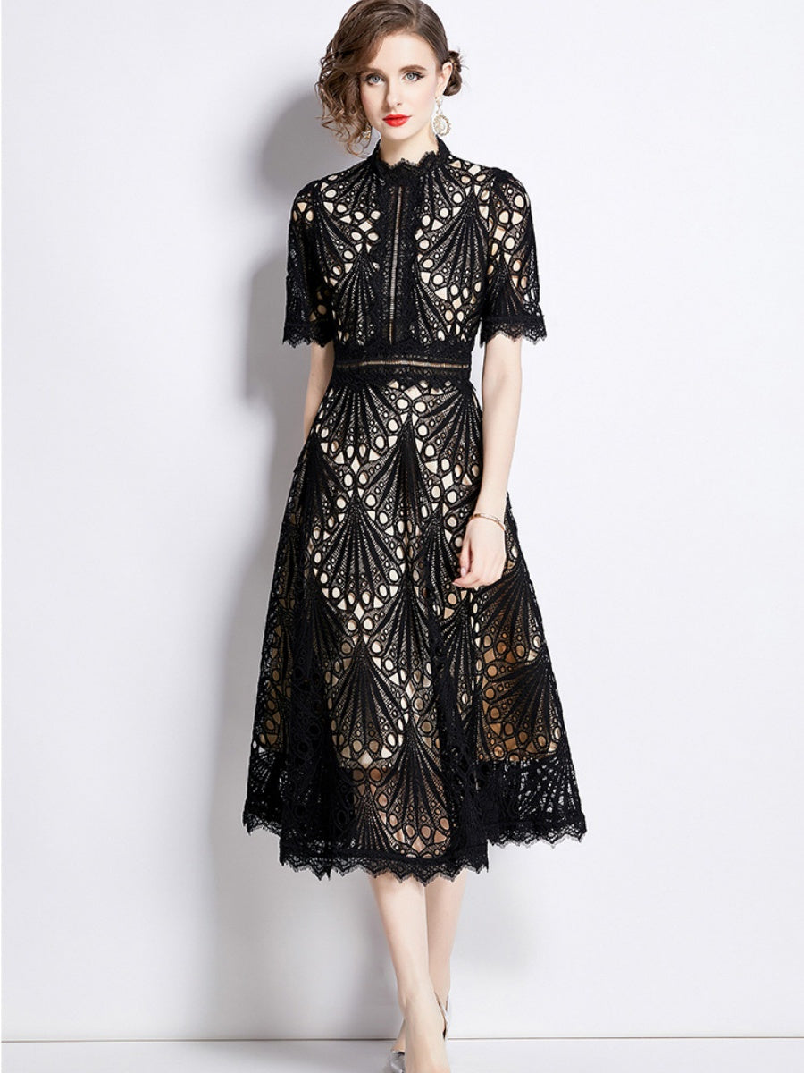 Crocheted Embroidered Lace Midi Dress