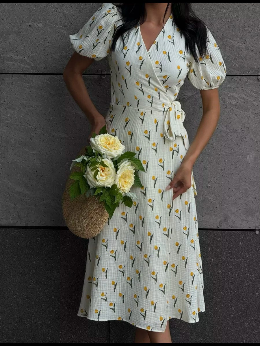 Pure Cotton Bandage Wrap-up Puff Sleeve Printed Comfort Maxi Dresses