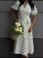Pure Cotton Bandage Wrap-up Puff Sleeve Printed Comfort Maxi Dresses