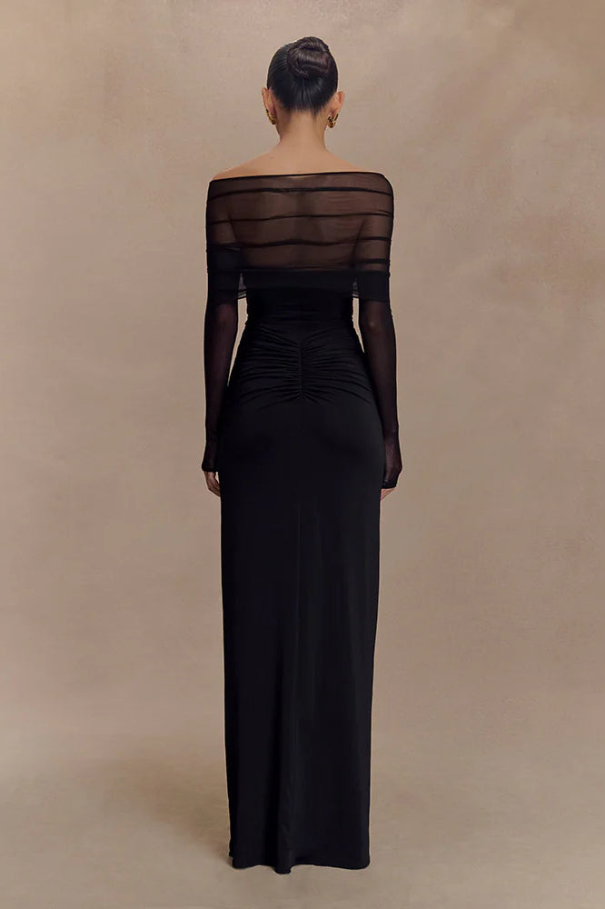 Sheer Mesh Cutout Off Shoulder Patchwork Maxi Dress