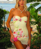 Floral Print Strapless Structured Bustier Mesh Ruffle Hem Mini Dress