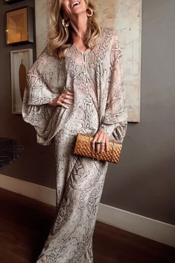 Iselle Animal Print Button Up Batwing Sleeve Shirt and Elastic Waist Wide Leg Pants Set