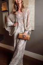 Iselle Animal Print Button Up Batwing Sleeve Shirt and Elastic Waist Wide Leg Pants Set