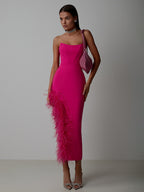 Bodycon Dress Feather Trim Off The Shoulder Asymmetrical Party Club Dresses