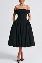 Off Shoulder Foldover Cuff Pleated Pocket Fit and Flare Midi Dress