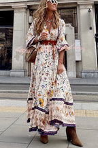 Botanical Floral Print V-Neck Button Front Bishop Sleeve Tiered Maxi Dress