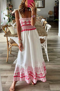 Ethnic Embroidered Smocked Square Neck Shoulder Tie Tiered Maxi Dress