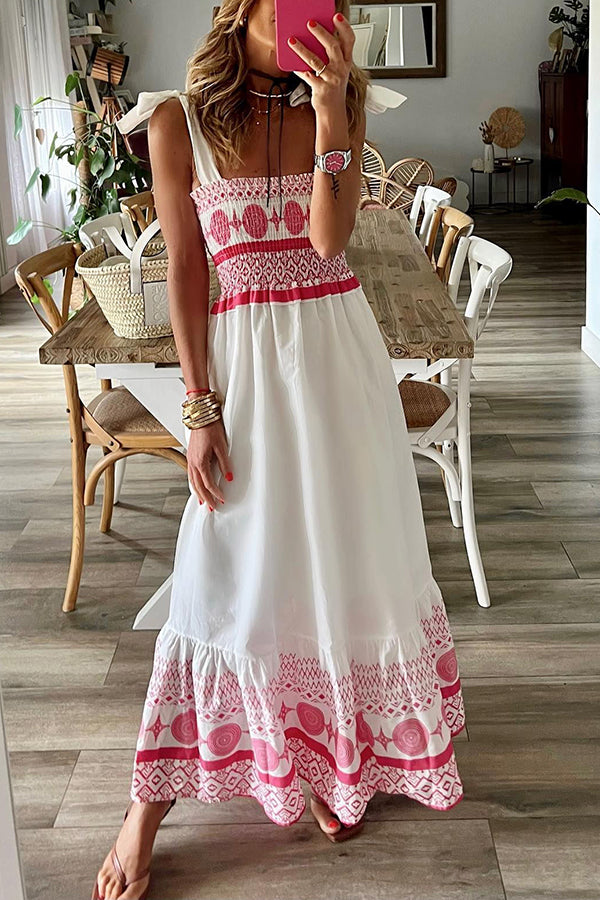 Ethnic Embroidered Smocked Square Neck Shoulder Tie Tiered Maxi Dress