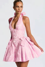 Pink Halter Deep V Neck Jacquard Floral Bow Detail Puff Skirt Mini Dress