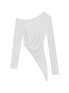 Slanted Shoulder Ruched Irregular Hem Long Sleeve Tee