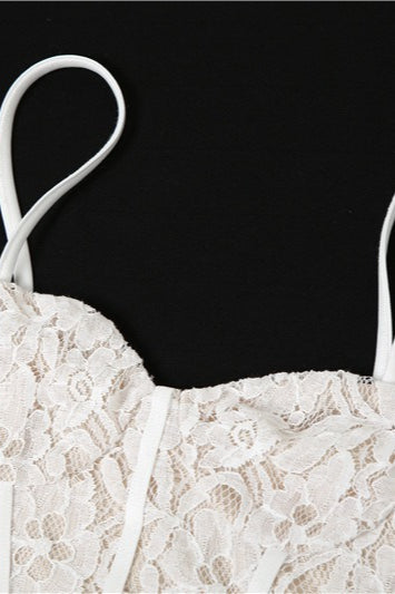 Lace Corset Sweetheart Spaghetti Strap Ruffle Trim High Slit Maxi Gown