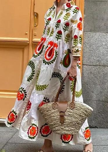 Suzani Floral Embroidery Tiered Collar Long Sleeve Maxi Shirt Dress