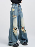Loose high-waisted versatile straight leg Ripped Jeans