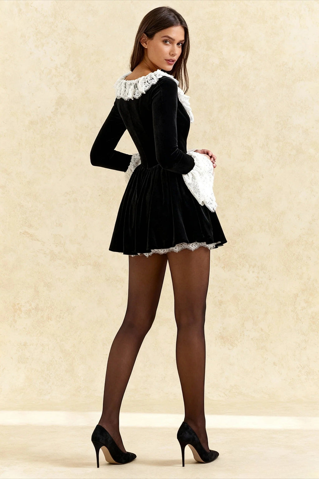Velvet Square Neck Lace Trim Flared Cuff Long Sleeve Fit and Flare Mini Dress